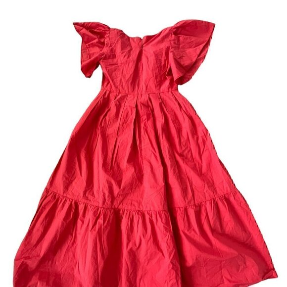 Marissa Webb Collective Midi Dress 2 Red Flutter Sleeve Tiered Cotton V-Neck - Picture 4 of 13